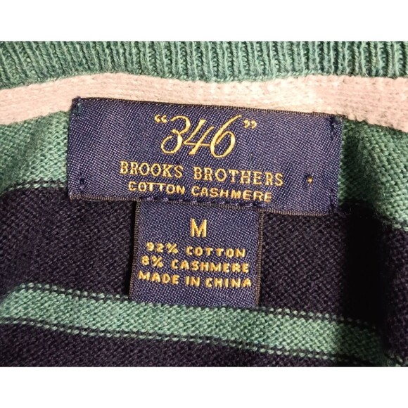 Brooks Brothers 346 Sweater Men M Green Striped Cotton Cashmere V-neck Rugby Dad - Picture 7 of 8